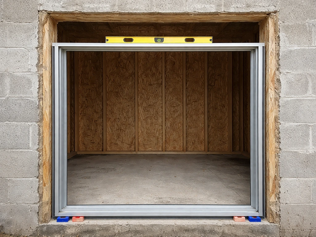 Close-up of sliding door frame installation with spirit level and leveling shims on a rough opening