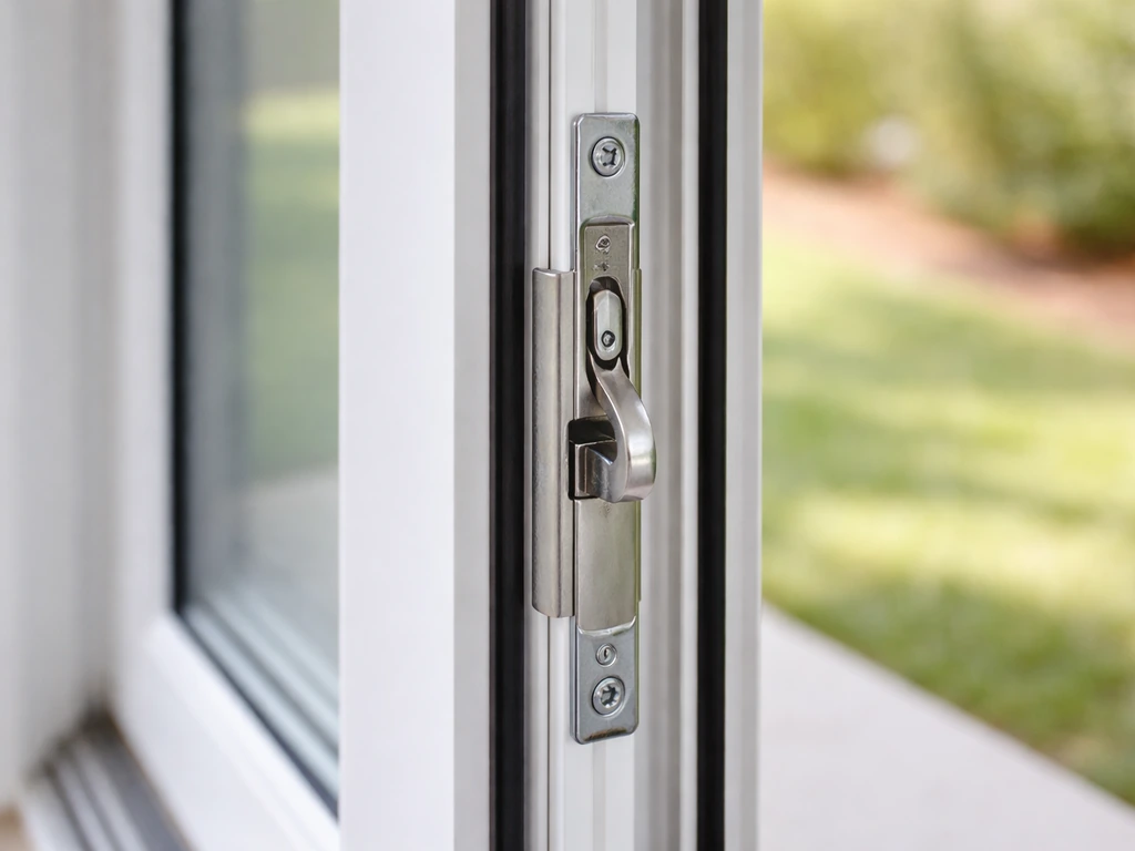 Close-up of a sliding patio door frame with a multi-point lock bar and latch hardware detail.