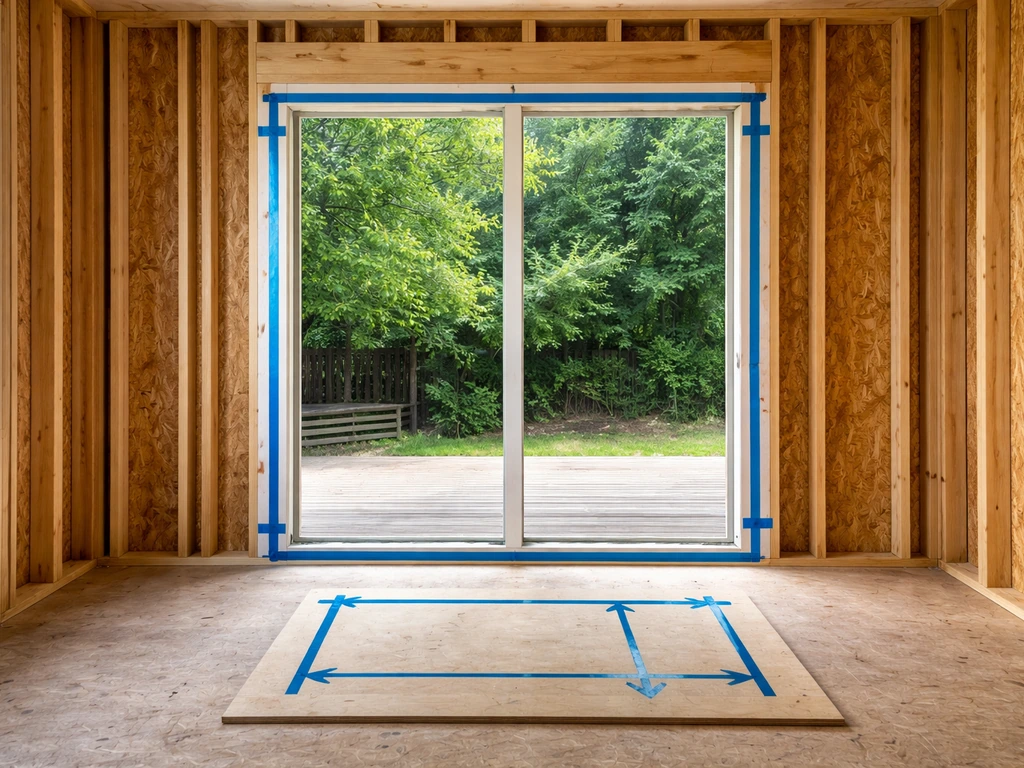 Construction framing with rough opening lines for a patio door in a wall cavity