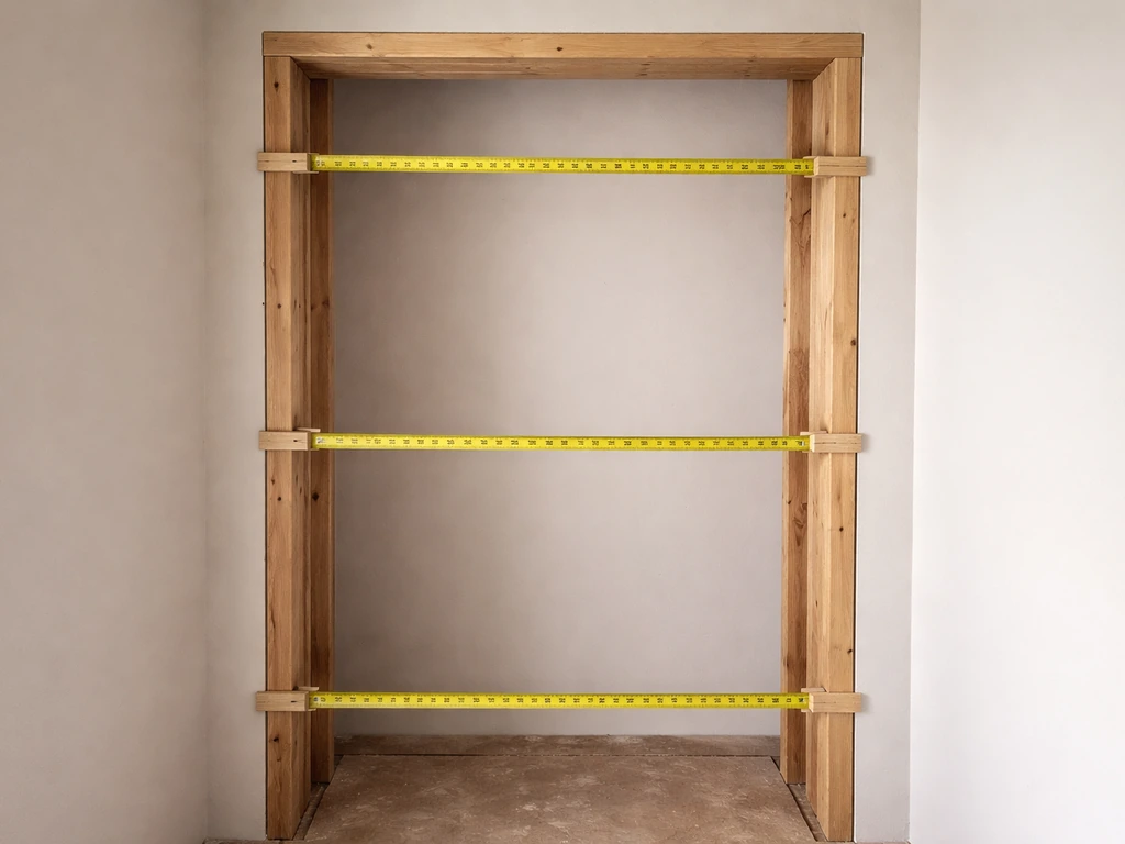 Tape measure laid across an open rough doorway frame, showing top and middle width points.