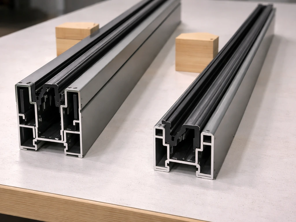 Side-by-side close-up of two sliding door track systems showing different sill/track heights and rough opening height