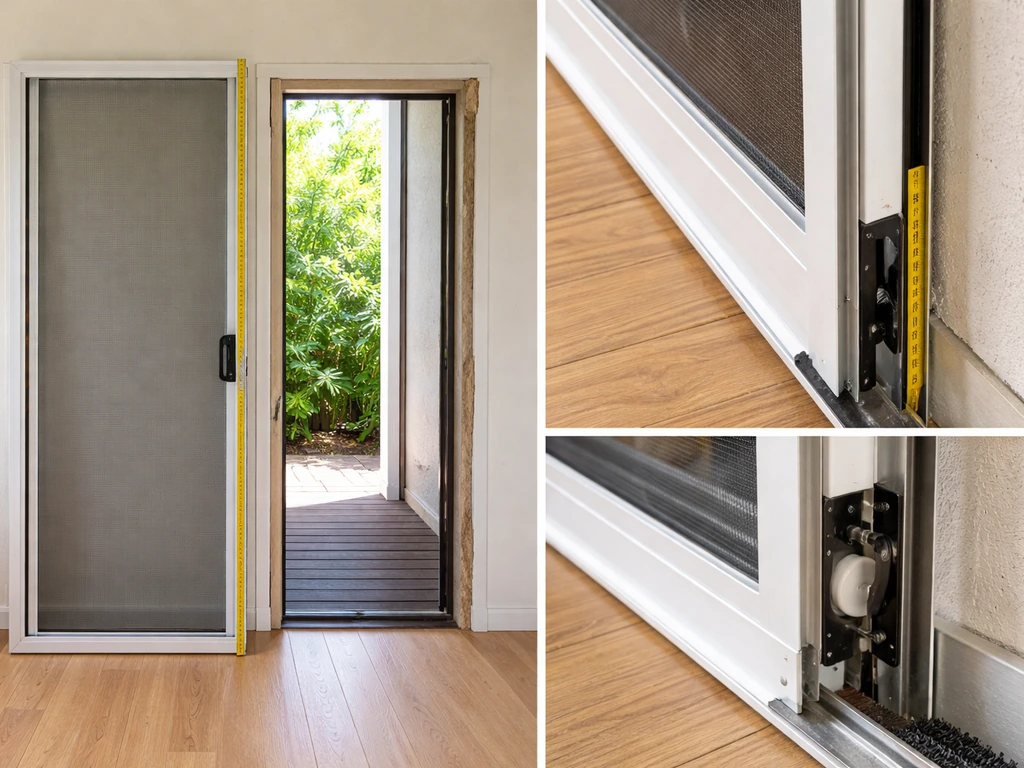 Detached sliding screen door unit beside an open rough doorway, with tape and close-up of track/lock alignment.