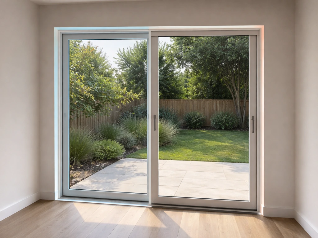 Minimal interior showing a two-panel sliding patio door with subtle highlighted size cues on the glass.