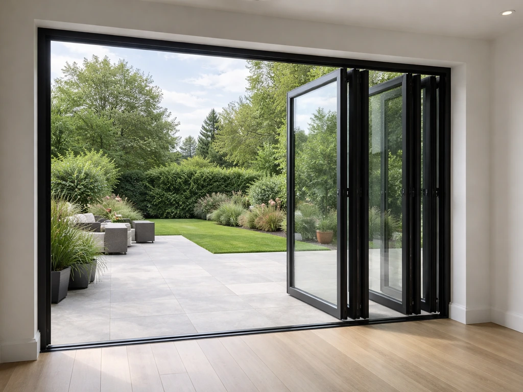 Folded bifold patio doors stacked to show a wide opening, bright modern home interior exterior view