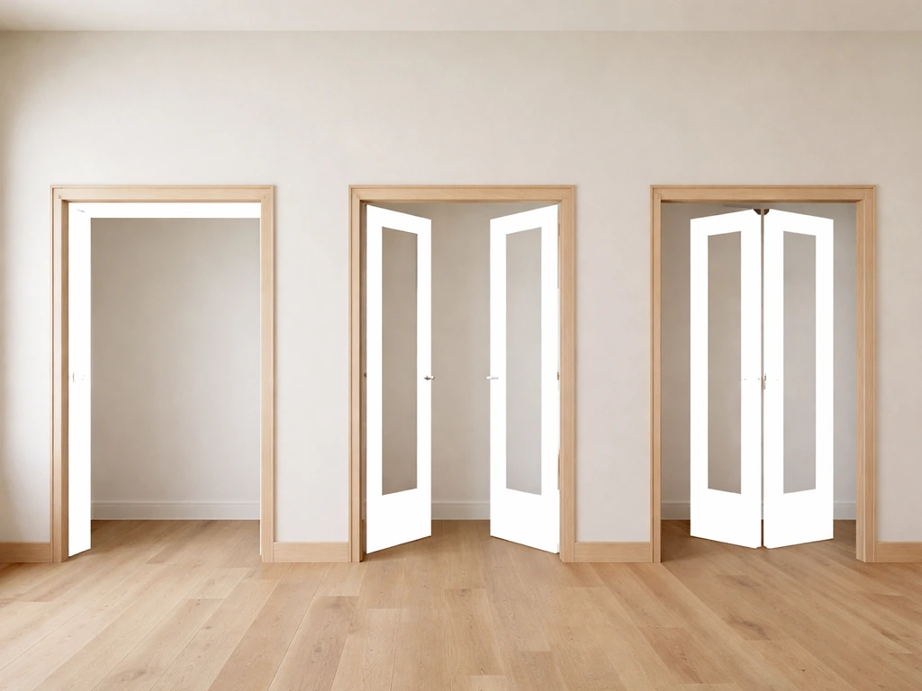 Minimal home entryway doorway opening with three labeled door silhouettes to compare sliding, French, and bifold fit ran