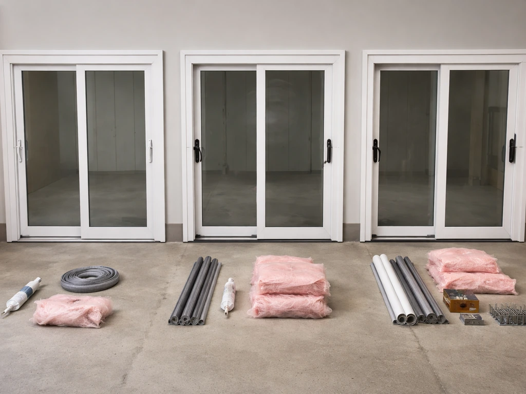 Three patio door install tiers side-by-side with door units, hardware, insulation, caulk, and fasteners.