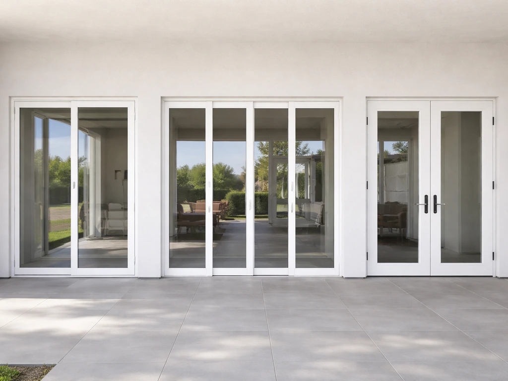 Patio door styles side-by-side: sliding 2-panel, multi-panel slider, and French doors in a simple modern entry.