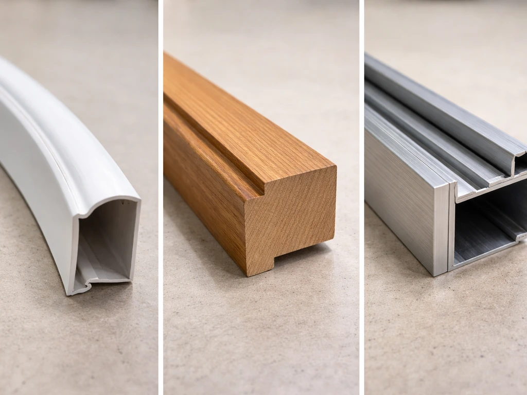 Closeups of vinyl, wood, and aluminum patio door materials with natural textures and brushed metal details.