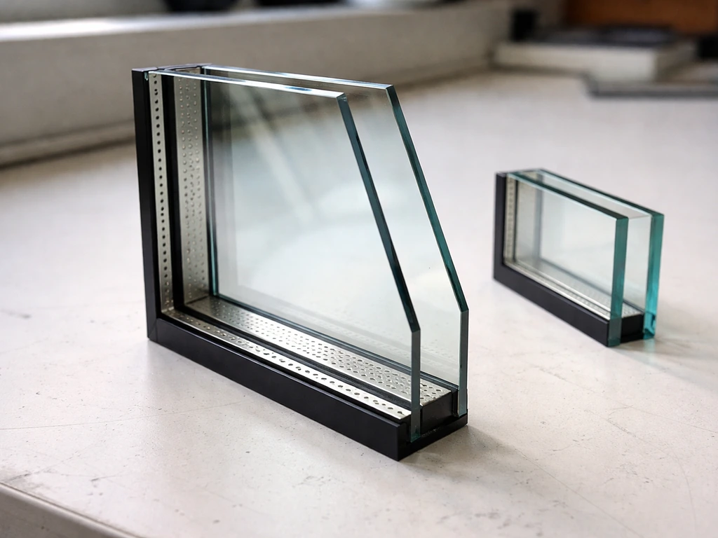 Close-up cross-section of an insulated double-pane window showing argon gap and low-e coating effect.