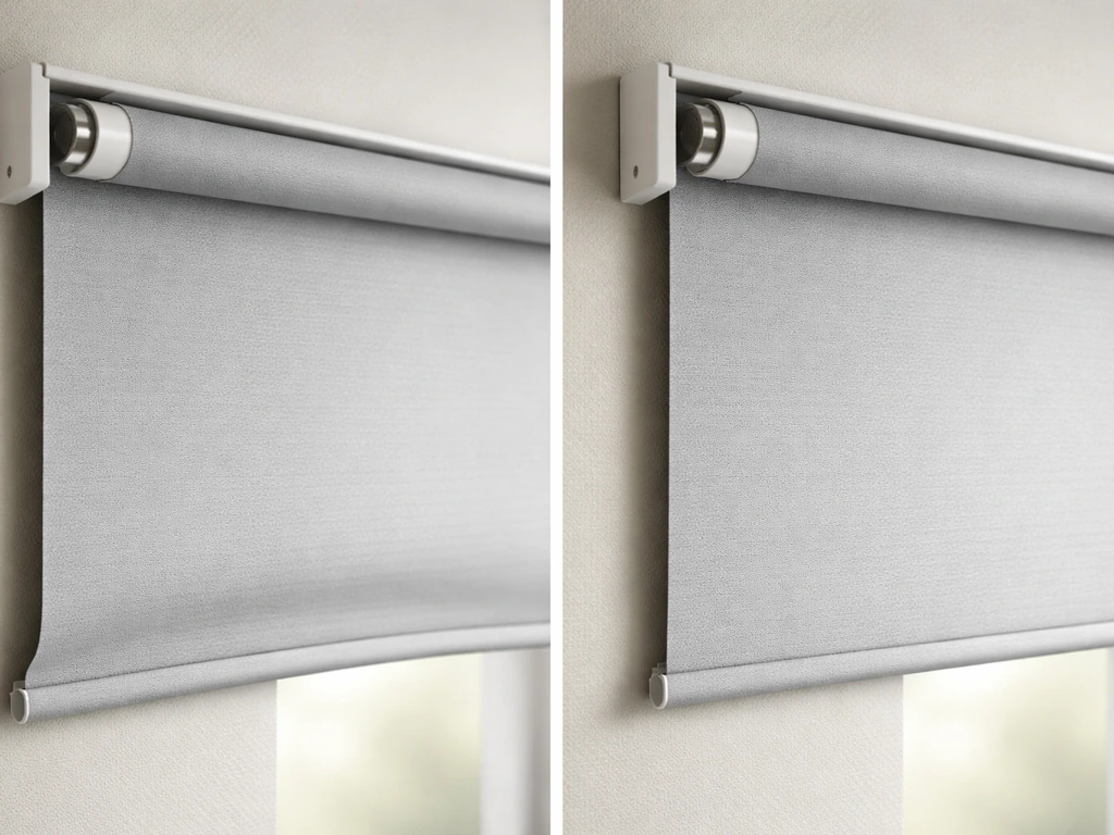 Close-up of a partially unrolled roller screen showing a sagging bottom hem bar and roller area before repair.