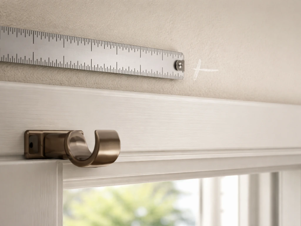 Metal measuring tape stretched along the wall above a patio door frame near marked rod placement