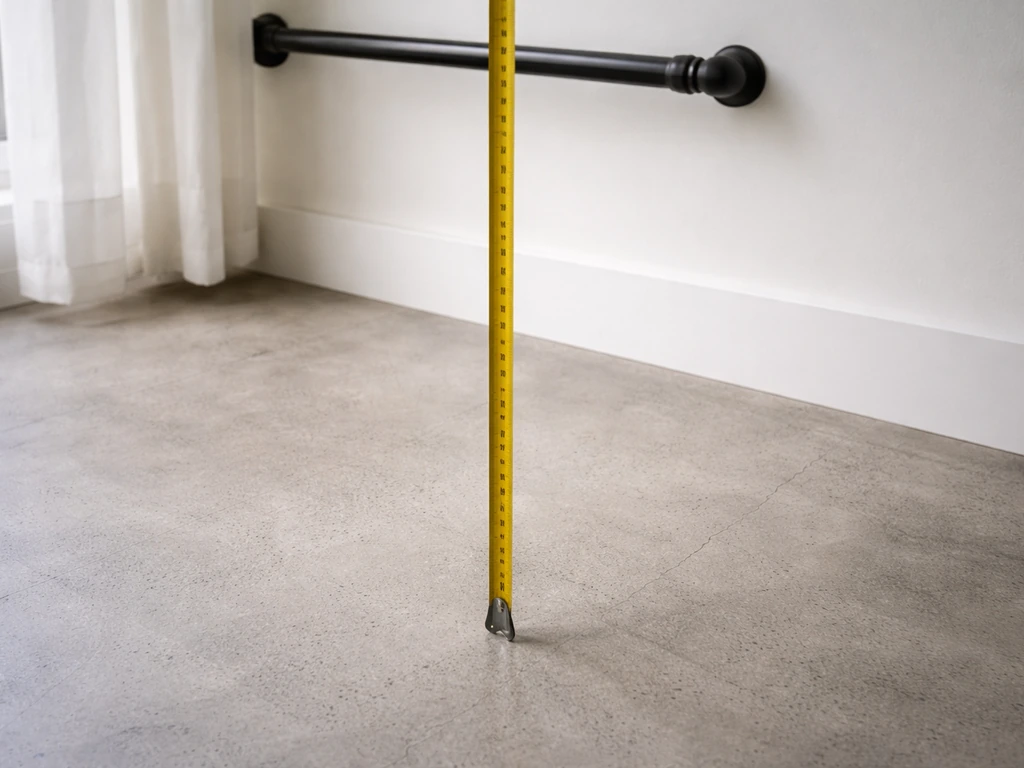Close-up measuring the rod-to-floor distance with a tape measure down to a concrete floor