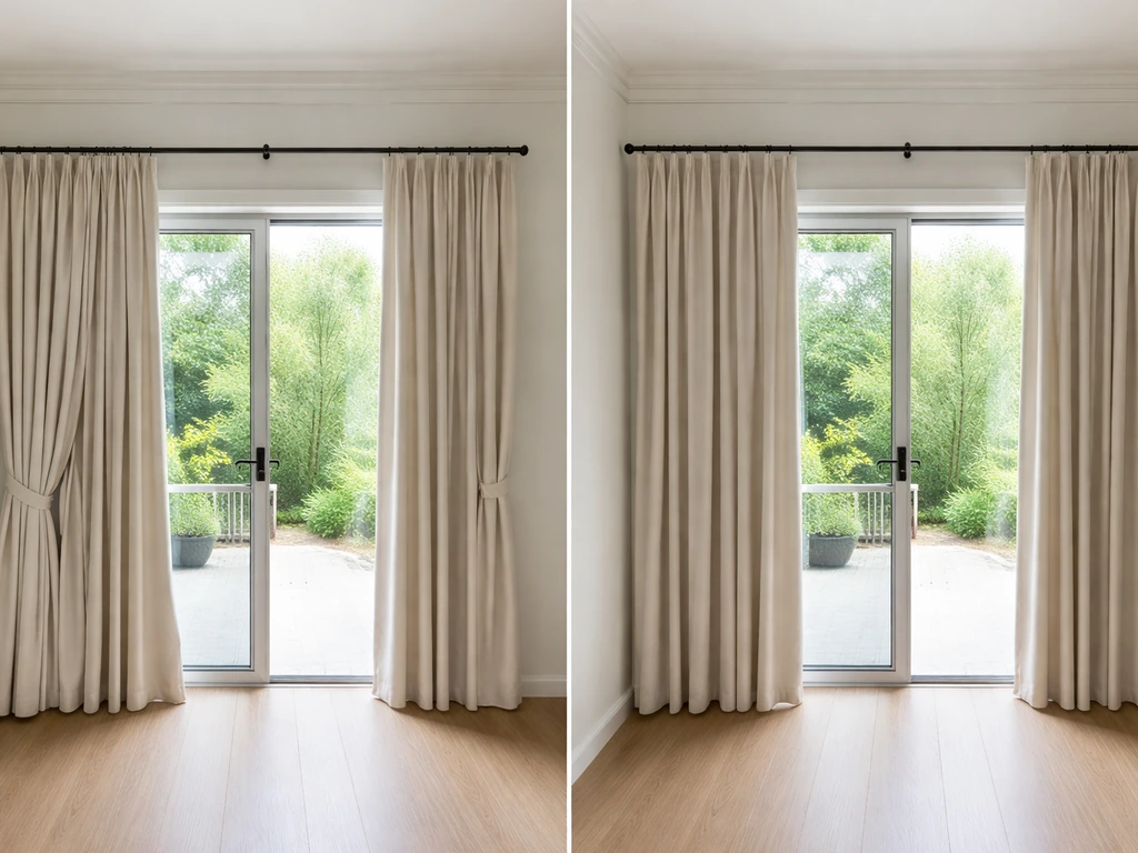 Two patio-door curtain setups showing different widths: fuller vs skimpy coverage