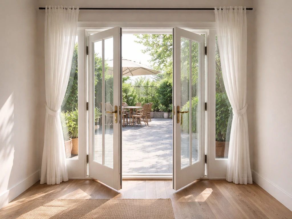 French patio doors swung inward with floor-length curtains tied back to clear the door swing.