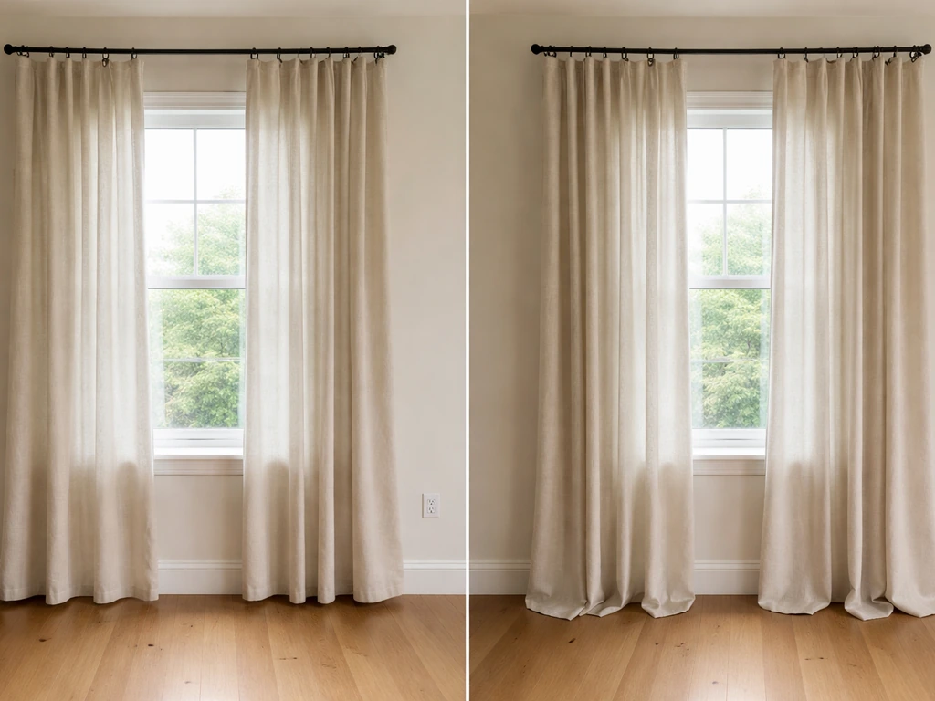 Curtains installed too short with a floor gap versus correctly sized curtains touching the floor