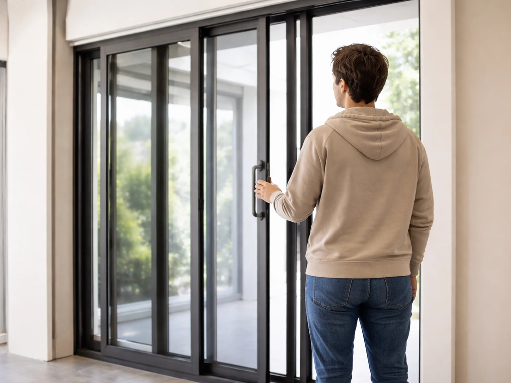 Anonymous homeowner in a showroom examining a sliding glass patio door and screen panel