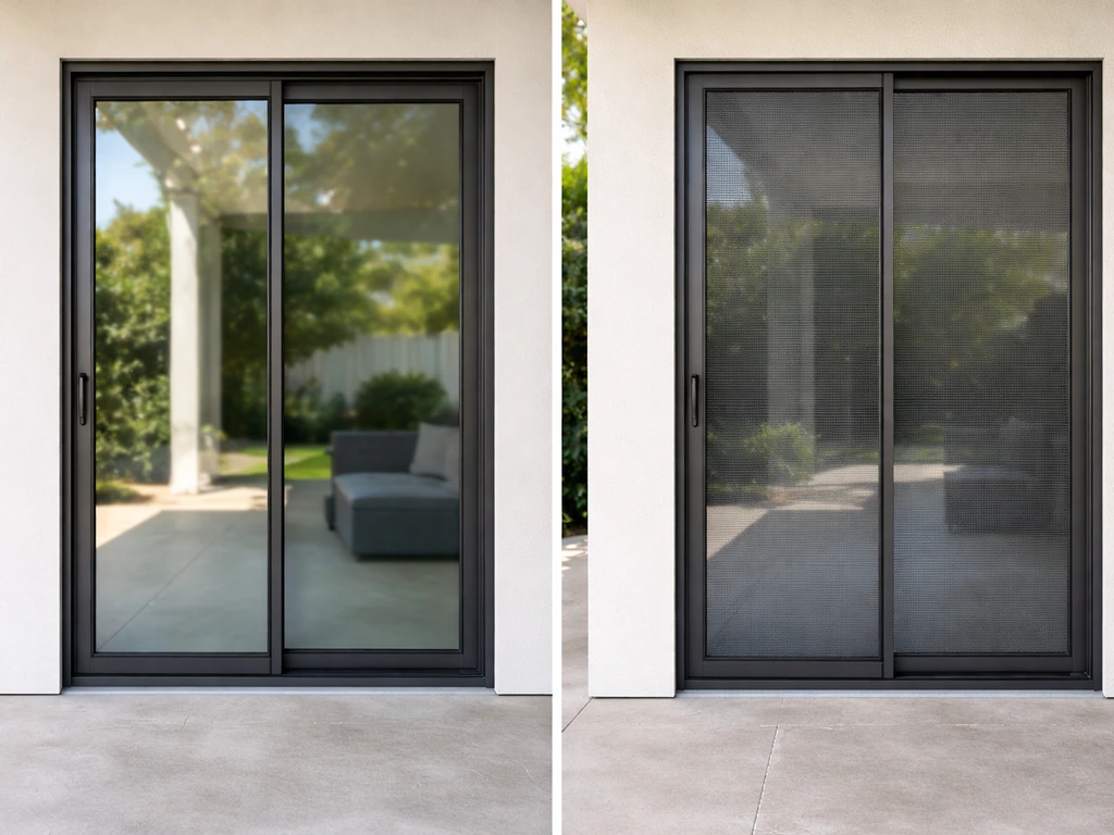 Side-by-side view of a sliding glass patio door panel and a sliding screen door panel in daylight