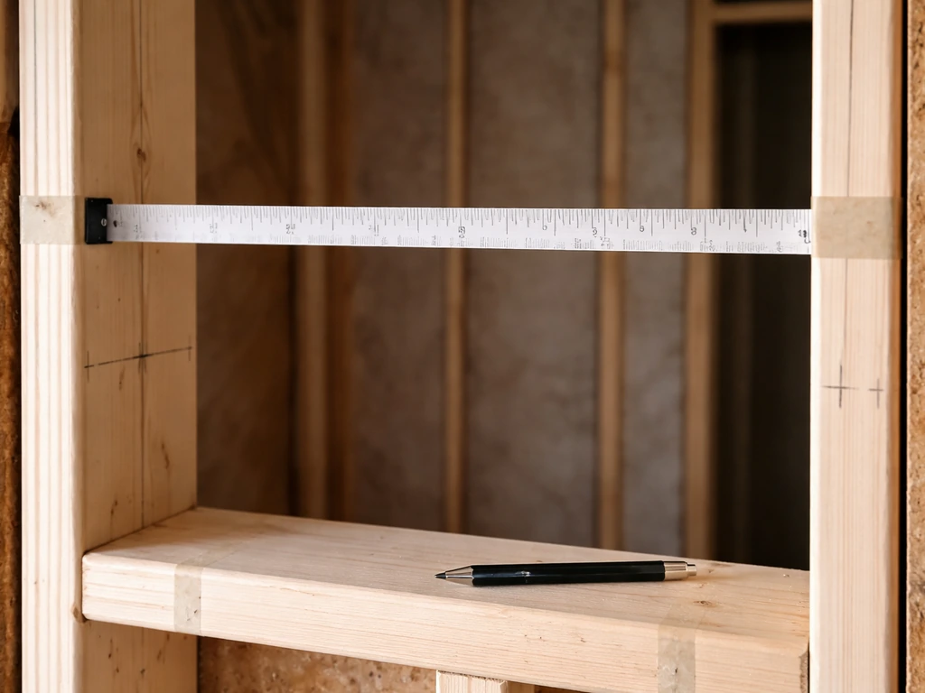 Close-up of tape measure marks and a pen beside a rough opening frame reference