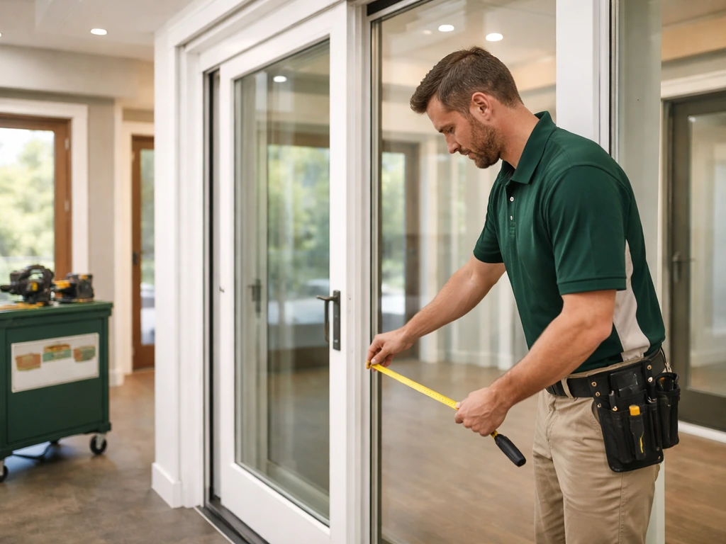 Person measuring a sliding patio door in a clean home improvement showroom with doors on display