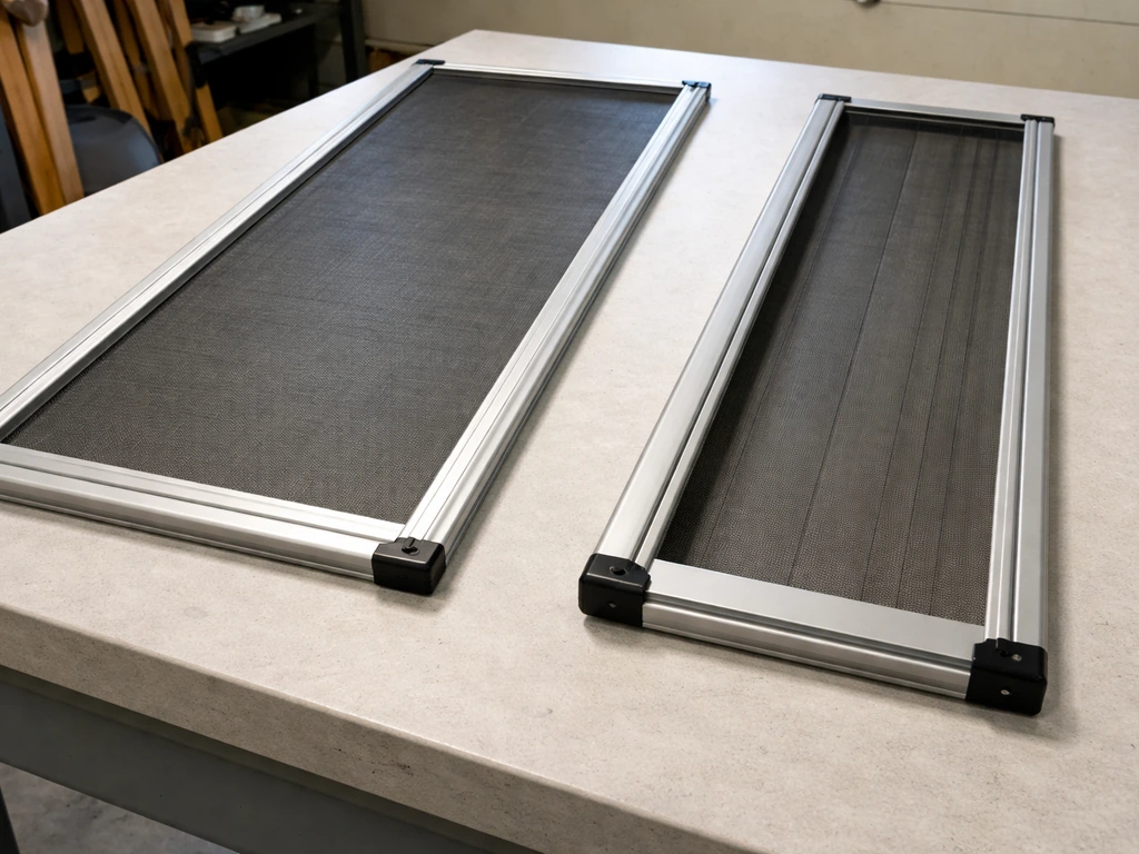 Close-up of two sliding screen door options side-by-side: a standard panel and a retractable-style screen