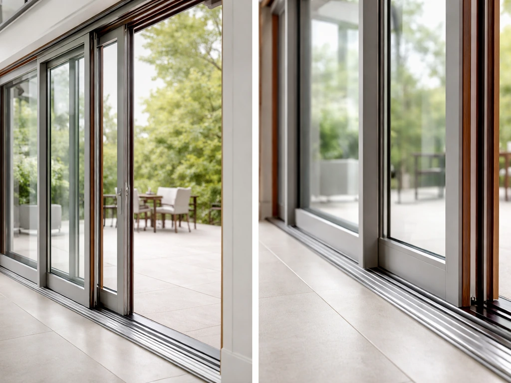 Close-up of modern sliding door frames showing multi-slide opening vs lift-and-slide lift mechanism.