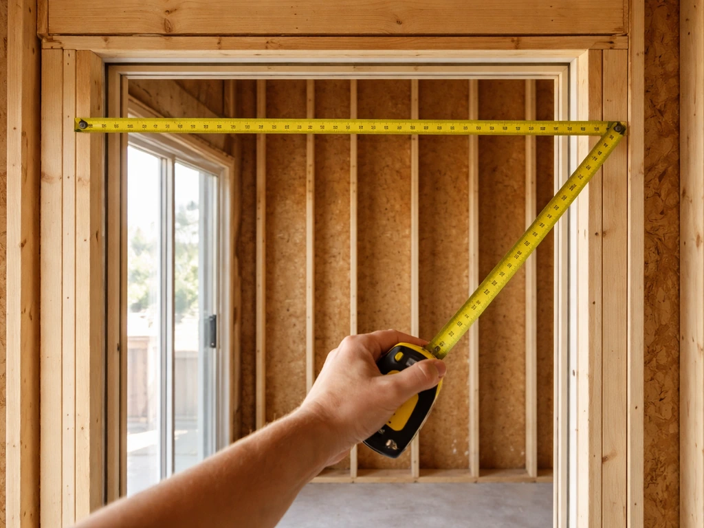 Tape measure stretched across a patio door rough opening in a framed wall for replacement measurement.