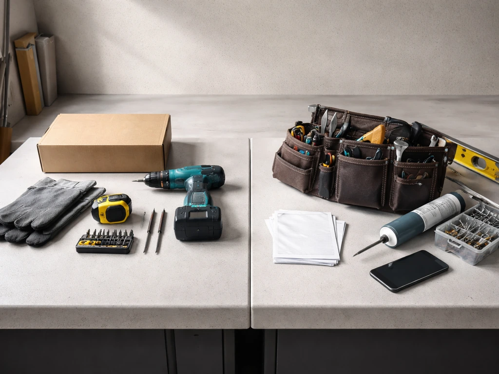 Side-by-side DIY and pro installation setup showing hardware and tools with space for cost focus.