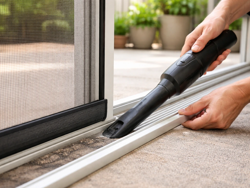 Person vacuuming a patio retractable bug screen bottom track, with screen partially retracted