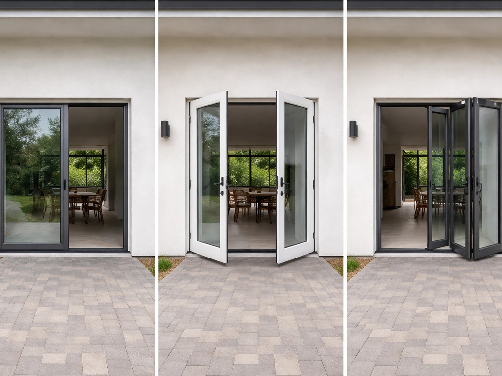 Three installed patio door types side-by-side: sliding, French, and bifold with visible tracks and swing clearances.