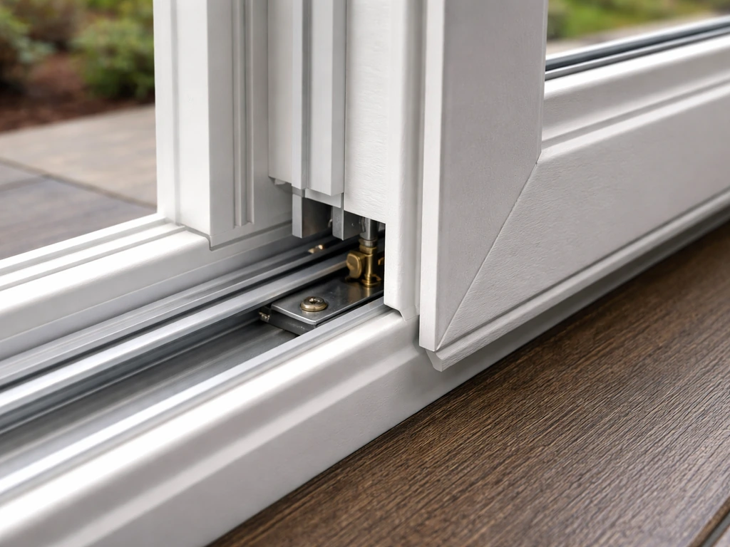 Close-up of a vinyl PVC patio door frame and track area, showing clean low-maintenance hardware details.