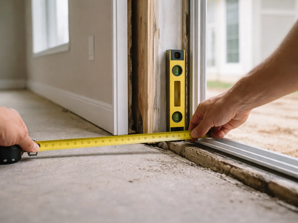 Hands measuring a sliding patio door opening with a tape measure and bubble level.