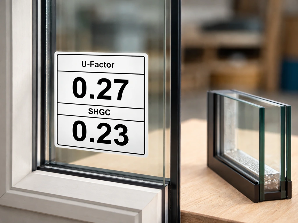 Close-up of an NFRC-labeled patio door sample with a sealed double-pane glass cross-section mockup.