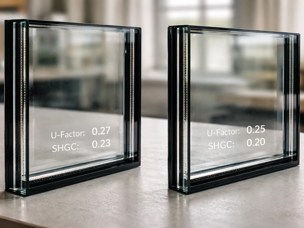 Close-up of two insulated patio door glass units with spec-style overlays for U-factor and SHGC.