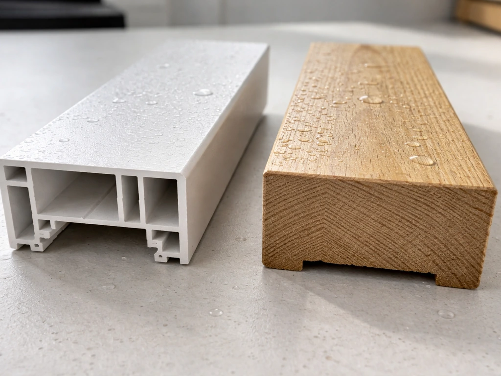 Side-by-side vinyl and wood door frame samples with subtle water droplets to show moisture resistance.