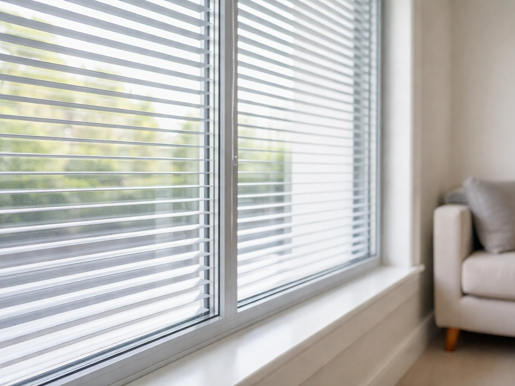 Clean between-the-glass blinds with clearly visible slats in a bright living room window.
