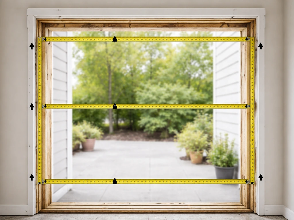 Tape measure against a patio door rough opening frame with visible width and height measuring points