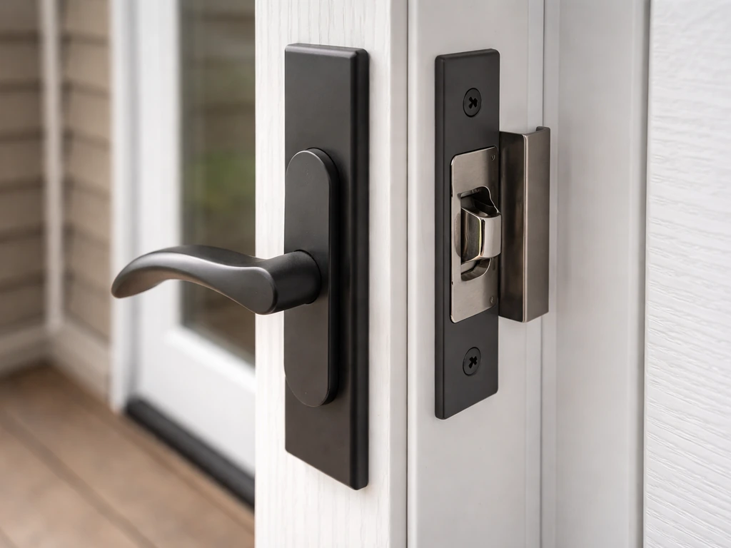 Close-up of an outswing patio door latch securing the door shut, with metal hardware and door gap visible