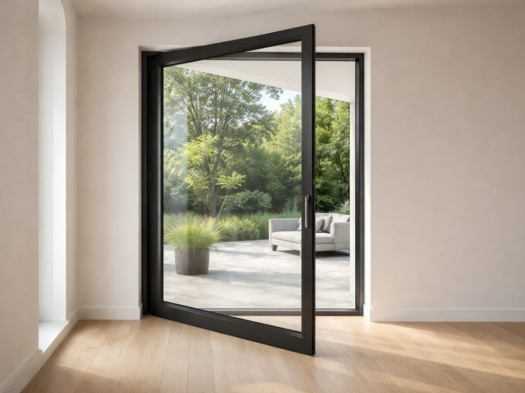 Modern pivot patio door partially open, showing smooth hinge-free edge in a minimal living space.