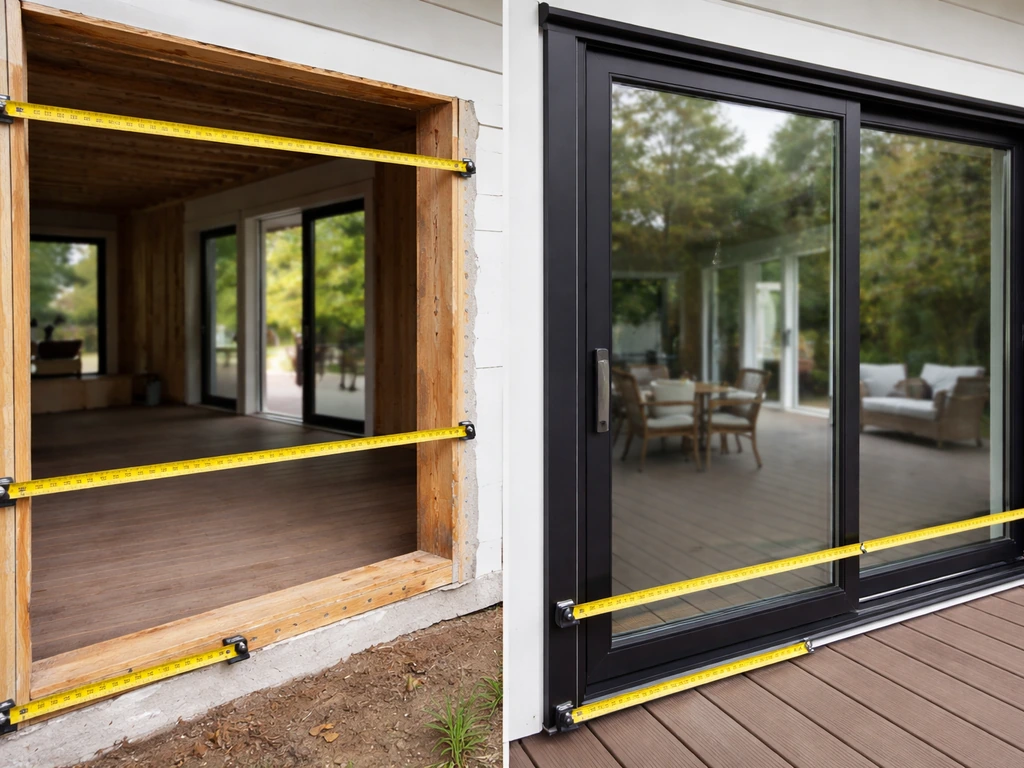 Close-up of a patio door with tape measures placed to suggest different width references.