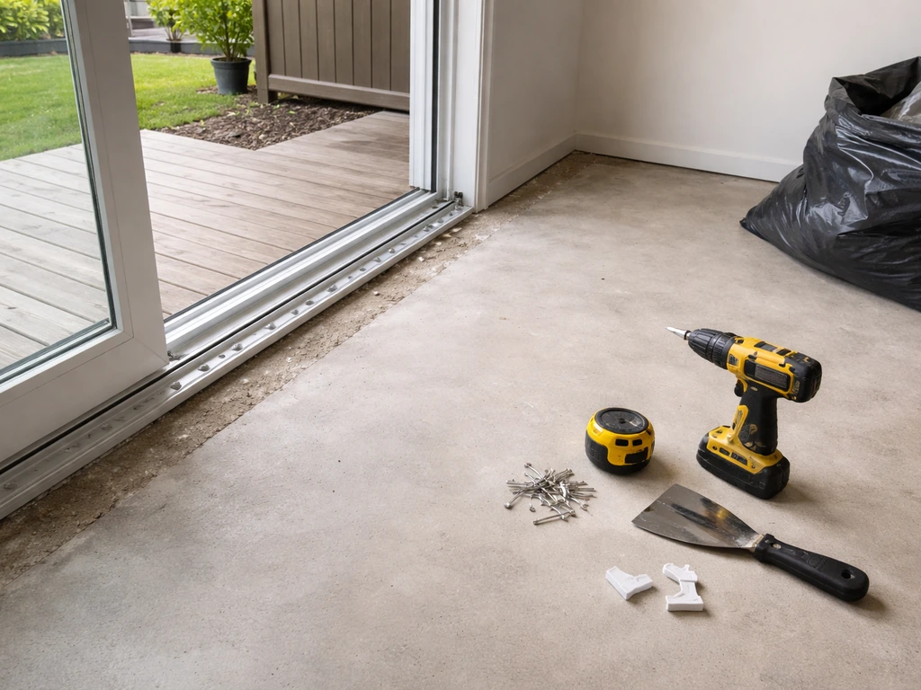 Patio door replacement parts laid out beside a simple work area with tools, showing frame and track components.