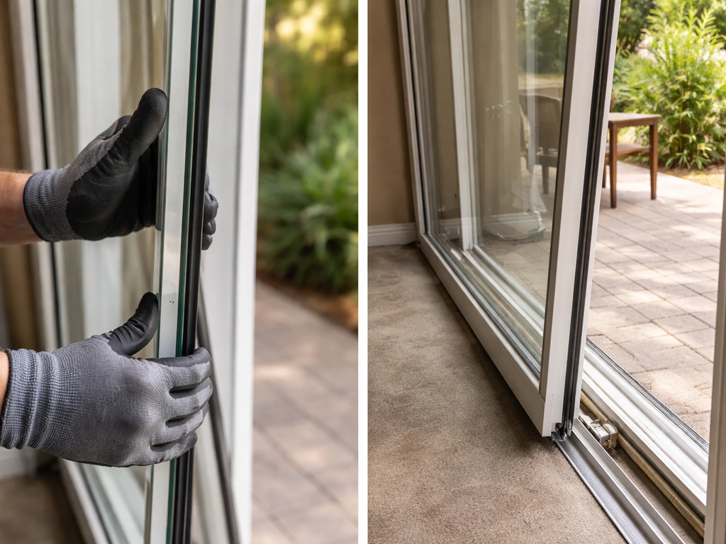 Technician removing a patio door glass panel, next to an open wider view of the door frame and track area