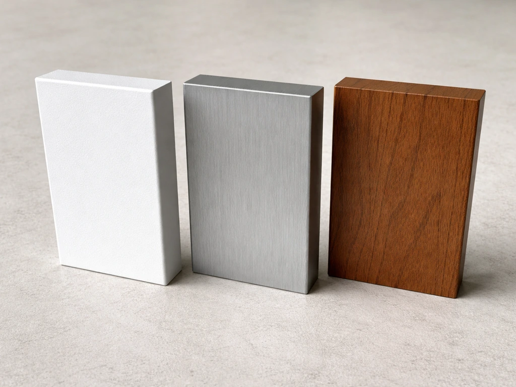 Three patio door frame material samples—vinyl, aluminum, and wood—shown side-by-side with realistic finishes.