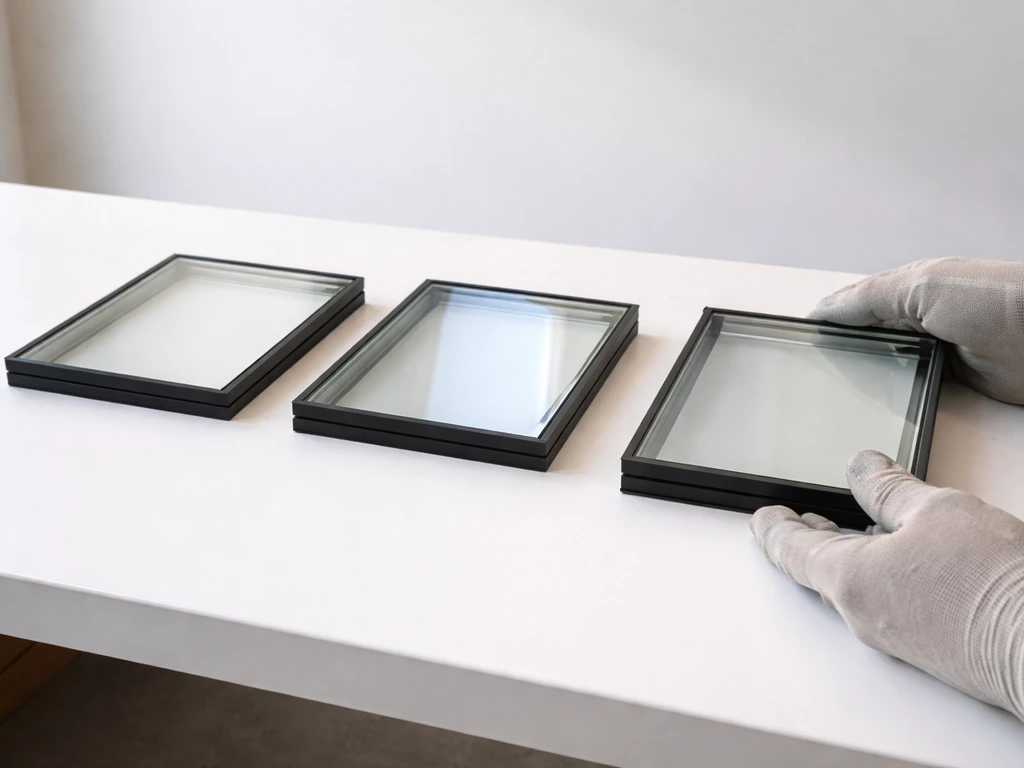 Installer’s gloved hands holding glass, with three door-glazing inserts showing single, double low-E, and triple-pane lo