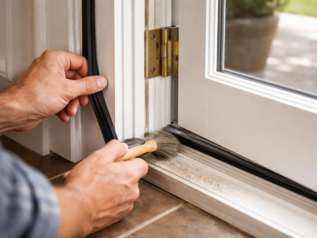 Hands inspecting French patio door weatherstripping and cleaning the track/hinge hardware outdoors.