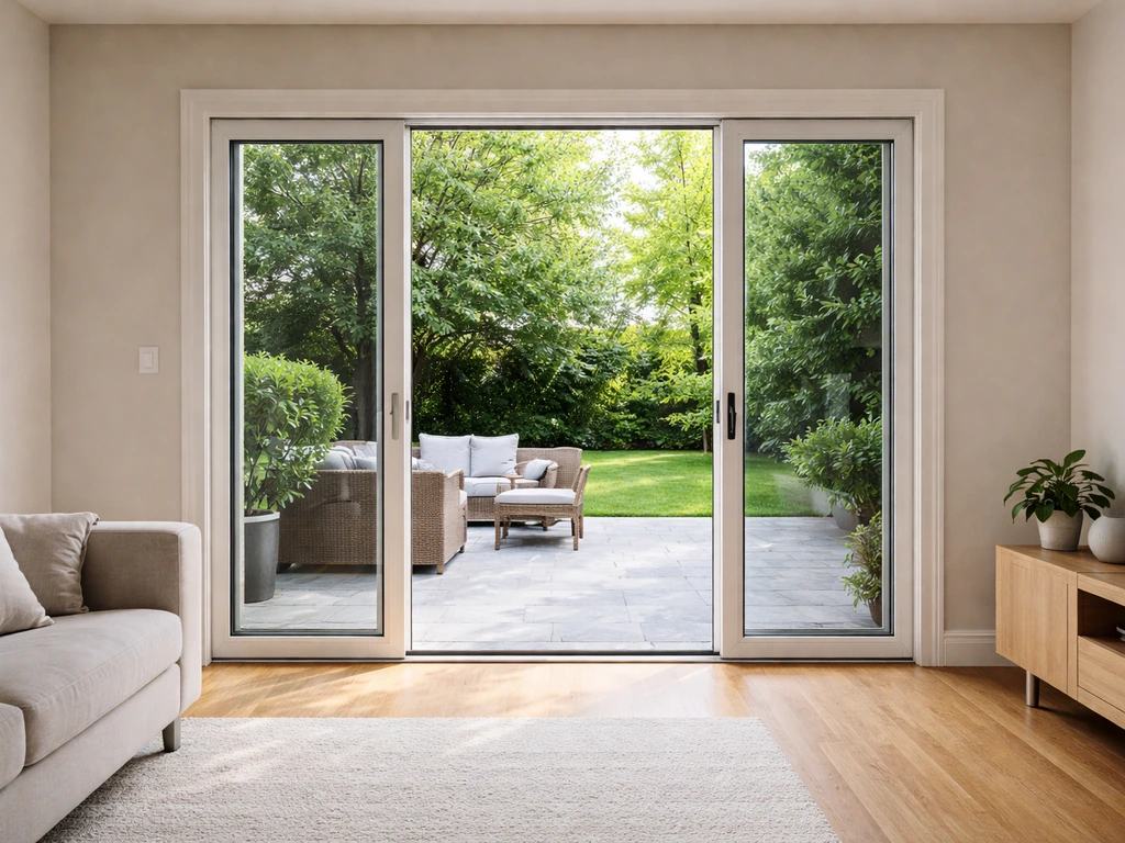 Minimal photo of a sliding patio door opening showing common size proportions and framing
