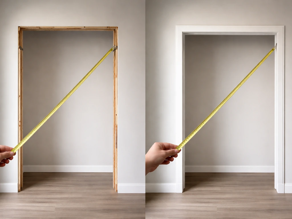 Minimal photo showing a door rough opening measurement tape beside a window/door frame with small offset