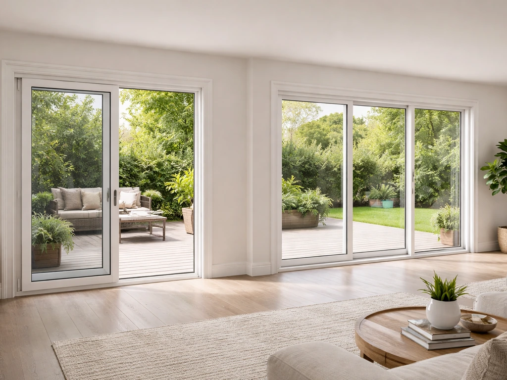 Minimal living room featuring a 2-panel sliding patio door with an adjacent 3-panel layout suggestion.