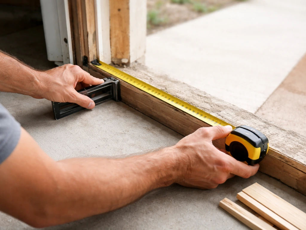 Person measuring a patio door rough opening with a tape measure and checking square with a carpenter’s square