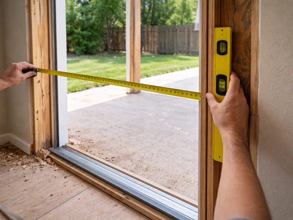 Tape measure and level held against a rough opening of a patio door during home renovation
