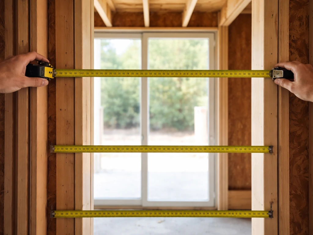 Close-up of a tape measure checking a patio door rough opening at top, middle, and bottom widths.